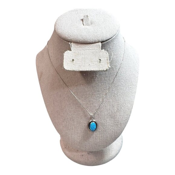 Ott Navajo Signed Opal Blue Sterling Silver Oval Pendant Necklace Box Chain 16" - Picture 2 of 10